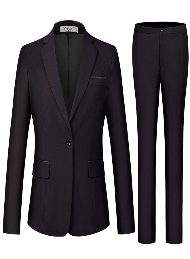 Kelyaa Women's 2 Piece Suit Notched Lapel One Button Slim Fit Business Office Work Tuxedo Blazer Pants Set Black - Image 2